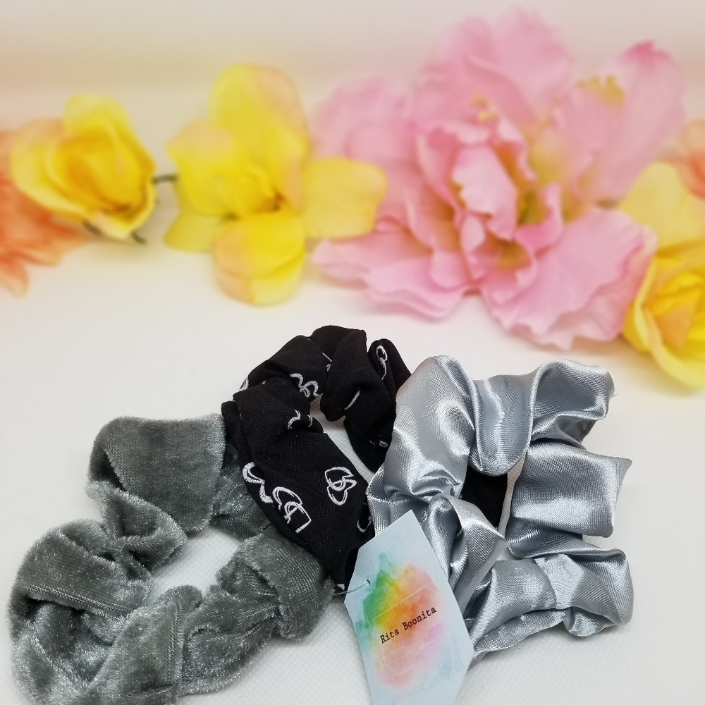 NEW scrunchies- silver grey hearts